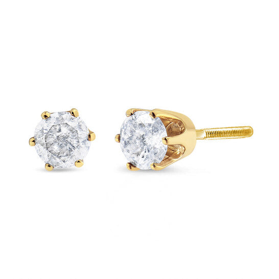 Original AGS Certified 2.00 Cttw Round Brilliant-Cut Diamond 14K Yellow Gold 6-Prong-Set Solitaire Stud Earrings with Screw Backs