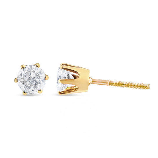 Original AGS Certified 2.00 Cttw Round Brilliant-Cut Diamond 14K Yellow Gold 6-Prong-Set Solitaire Stud Earrings with Screw Backs