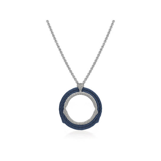 Original ALOR Grey Chain & Blueberry Cable Circle Pendant Necklace with 18kt White Gold & Diamonds