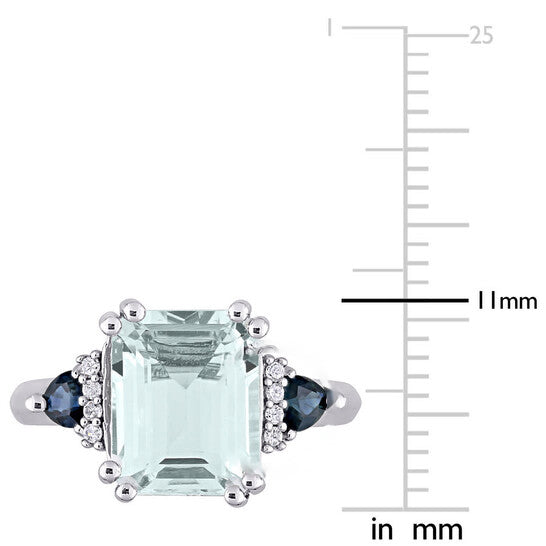 Original Amour 0.04 CT TDW Diamond and 3 1/3 CT TGW Ice Aquamarine w/ Sapphire Cocktail Ring in Sterling Silver