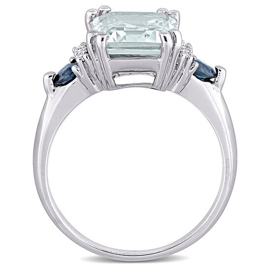 Original Amour 0.04 CT TDW Diamond and 3 1/3 CT TGW Ice Aquamarine w/ Sapphire Cocktail Ring in Sterling Silver