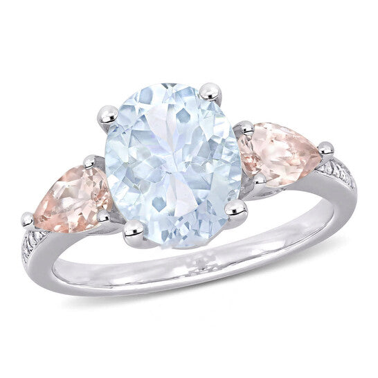 Original Amour 0.05 CT TDW Diamond and 3 CT TGW Ice Aquamarine and Morganite 3-Stone Ring in Sterling Silver