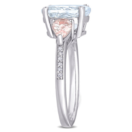 Original Amour 0.05 CT TDW Diamond and 3 CT TGW Ice Aquamarine and Morganite 3-Stone Ring in Sterling Silver