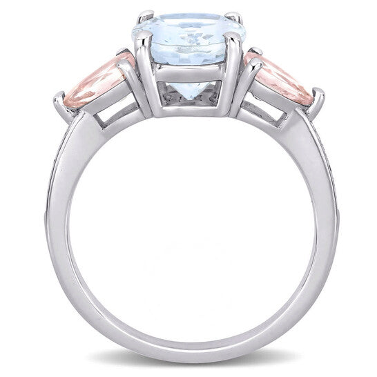 Original Amour 0.05 CT TDW Diamond and 3 CT TGW Ice Aquamarine and Morganite 3-Stone Ring in Sterling Silver