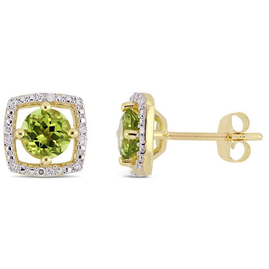 Original AMOUR 1 1/8 CT TGW Peridot and Diamond Square Stud Earrings In 10K Yellow Gold