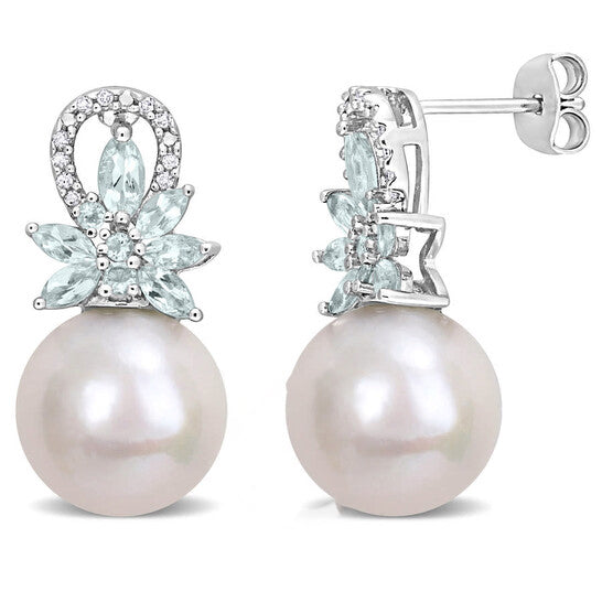 Original AMOUR 11-12mm Cultured Freshwater Pearl and 1 1/5 CT TGW Aquamarine and 1/10 CT TW Diamond Flower Drop Earrings In Sterling Silver