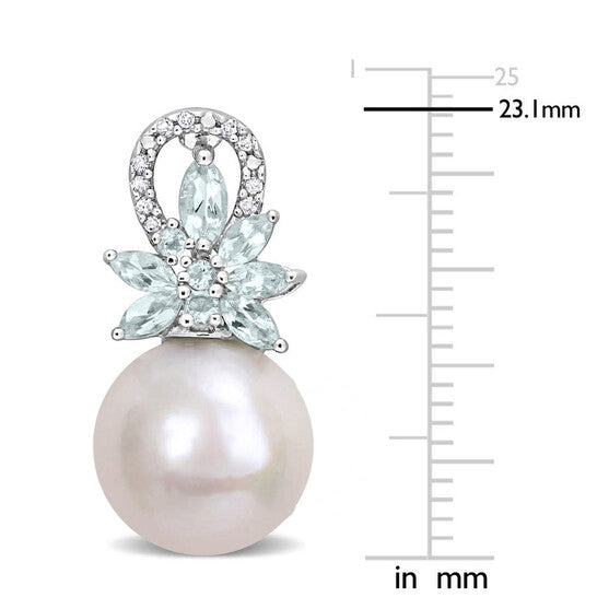 Original AMOUR 11-12mm Cultured Freshwater Pearl and 1 1/5 CT TGW Aquamarine and 1/10 CT TW Diamond Flower Drop Earrings In Sterling Silver