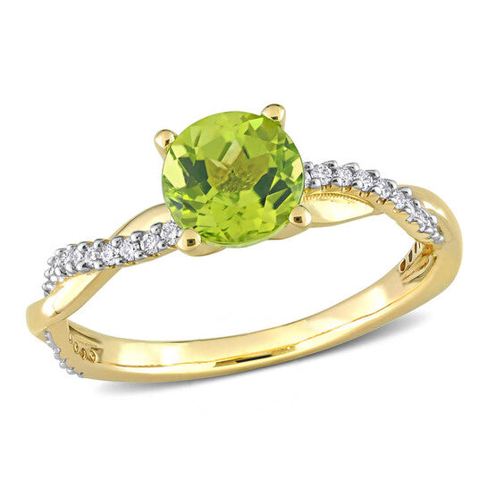 Original Amour 1 1/10 CT TGW Peridot and 1/6 CT TW Diamond Crossover Ring in 14k Yellow Gold