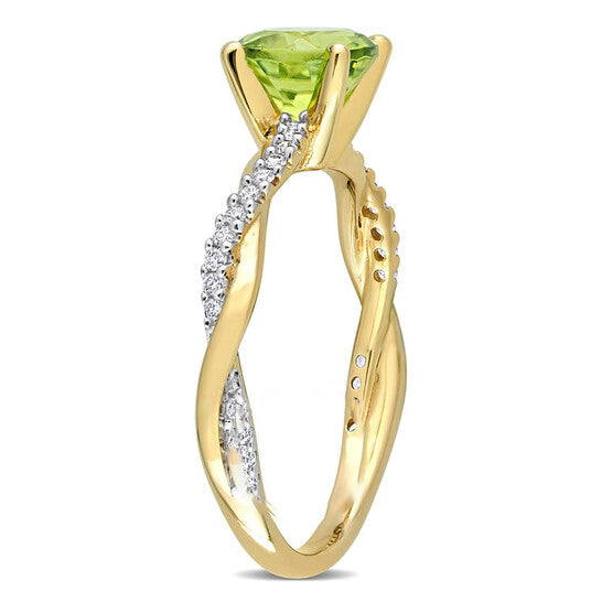 Original Amour 1 1/10 CT TGW Peridot and 1/6 CT TW Diamond Crossover Ring in 14k Yellow Gold