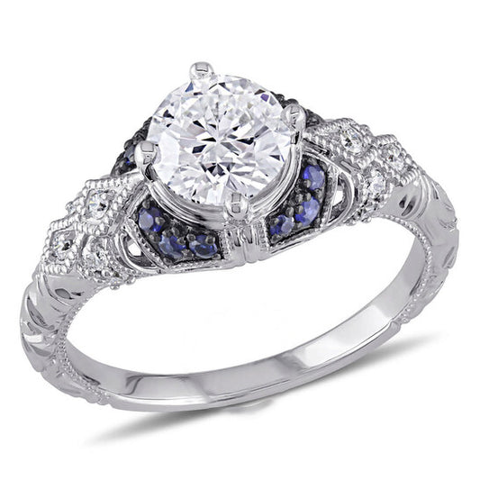 Original Amour 1 1/10 CT TW Diamond and Sapphire Victorian Engagement Ring in 14k White Gold