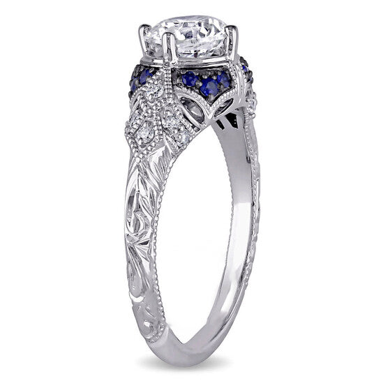 Original Amour 1 1/10 CT TW Diamond and Sapphire Victorian Engagement Ring in 14k White Gold