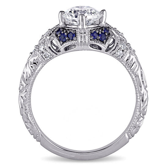 Original Amour 1 1/10 CT TW Diamond and Sapphire Victorian Engagement Ring in 14k White Gold