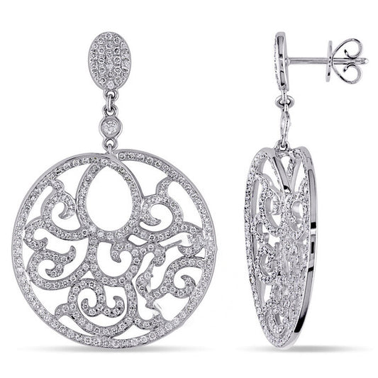 Original AMOUR 1 1/2 CT TW Diamond Filigree Circle Drop Earrings In 18k White Gold