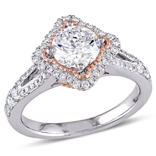 Original Amour 1 1/2 CT TW Diamond Halo Split Shank Engagement Ring in 2-Tone Rose and White 14k Gold