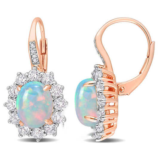 Original AMOUR 1 3/4 CT TGW Oval Shape Blue Ethiopian Opal and White Topaz and Diamond Accent Halo Leverback Earrings In Rose Plated Sterling Silver