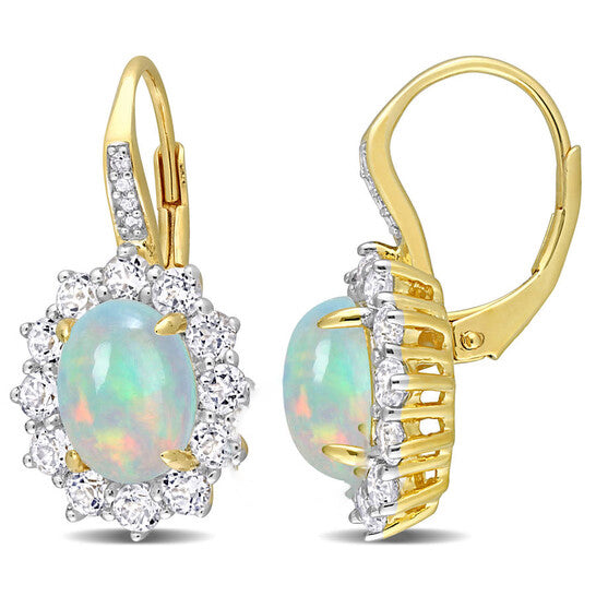 Original AMOUR 1 3/4 CT TGW Oval Shape Blue Ethiopian Opal and White Topaz and Diamond Accent Halo Leverback Earrings In Yellow Plated Sterling Silver