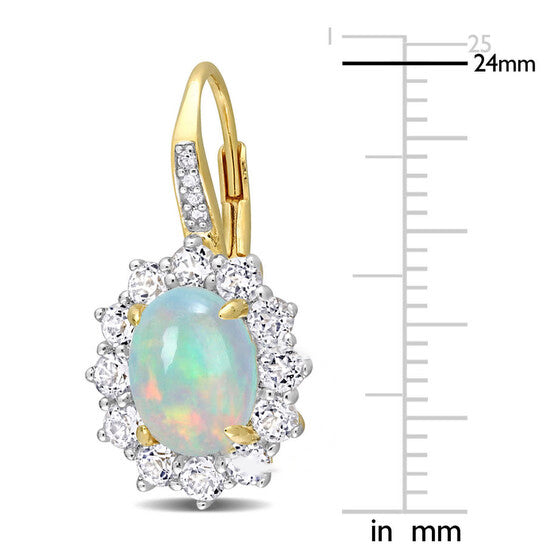 Original AMOUR 1 3/4 CT TGW Oval Shape Blue Ethiopian Opal and White Topaz and Diamond Accent Halo Leverback Earrings In Yellow Plated Sterling Silver