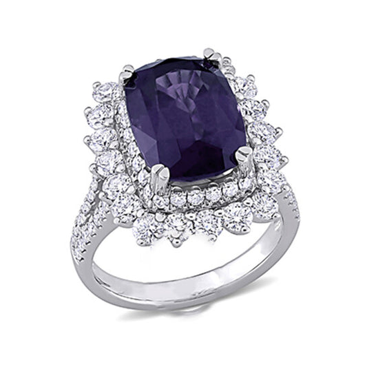 Original Amour 1 3/4 CT TW Diamond and 6 1/5 CT TGW Purple Spinel Halo Split Shank Cocktail Ring in 14k White Gold