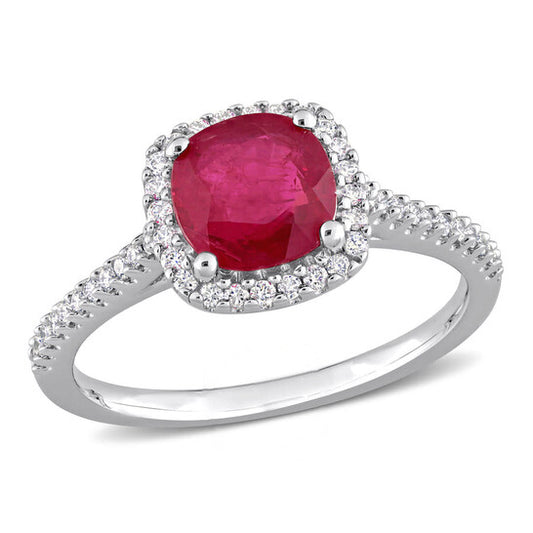 Original Amour 1 3/8 CT TGW Cushion Cut Ruby and 1/4 CT TDW Diamond Halo Engagement Ring in 14k White Gold