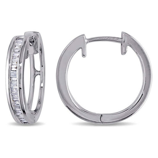 Original AMOUR 1/3 CT TW Baguette Channel Set Diamond Hoop Earrings In Sterling Silver