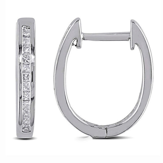 Original AMOUR 1/4 CT TW Princess Cut Channel Set Diamond Hoop Earrings In Sterling Silver