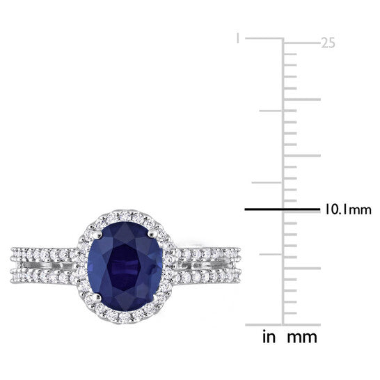 Original Amour 1 4/5 CT TGW Oval Blue Sapphire and 3/8 CT TDW Diamond Halo Engagement Ring in 14k White Gold