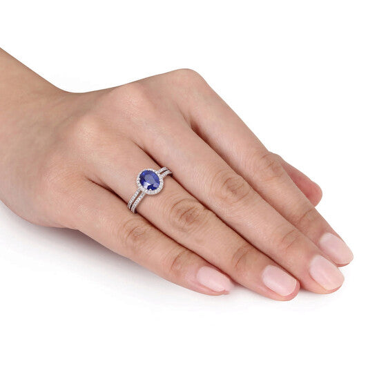 Original Amour 1 4/5 CT TGW Oval Blue Sapphire and 3/8 CT TDW Diamond Halo Engagement Ring in 14k White Gold