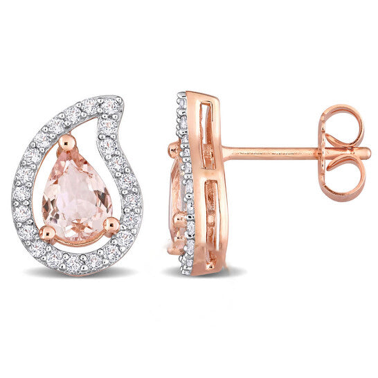 Original AMOUR 1 7/8 CT TGW Pear Shape Morganite and White Topaz Teardrop Stud Earrings In Rose Plated Sterling Silver