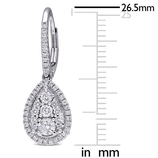 Original AMOUR 1 CT TW Diamond Composite Pear Shape Halo Leverback Earrings In 10K White Gold