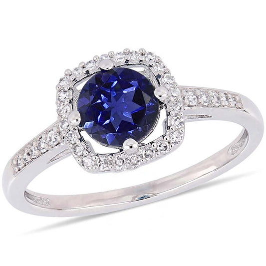 Original Amour 1 CT TGW Created Blue Sapphire and 1/7 CT TW Diamond Halo Ring in 10k White Gold JMS005035