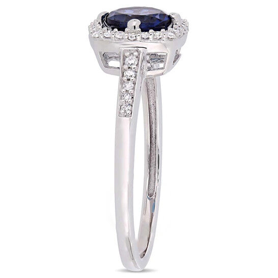 Original Amour 1 CT TGW Created Blue Sapphire and 1/7 CT TW Diamond Halo Ring in 10k White Gold JMS005035