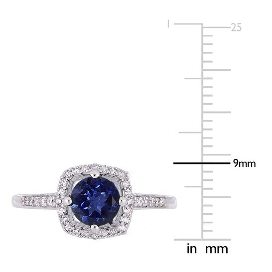 Original Amour 1 CT TGW Created Blue Sapphire and 1/7 CT TW Diamond Halo Ring in 10k White Gold JMS005035