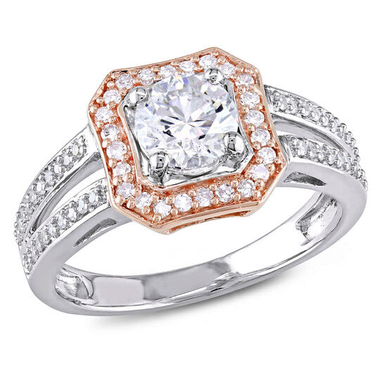 Original Amour 1 CT TW Diamond Halo Split Shank Engagement Ring in 2-Tone Rose and White 14k Gold