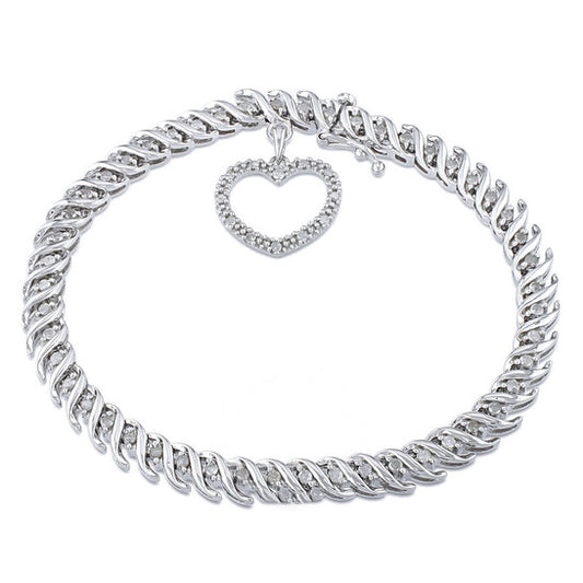 Original AMOUR 1 CT TW Diamond Tennis Bracelet with Heart Charm In Sterling Silver