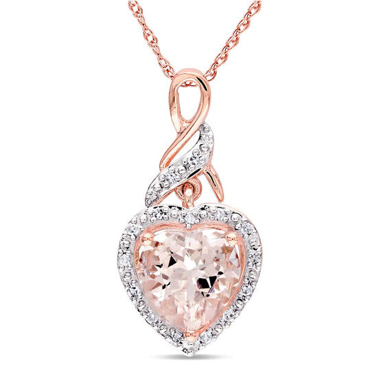 Original AMOUR Halo Diamond and Heart Shaped Morganite Pendant with Chain In 10K Rose Gold