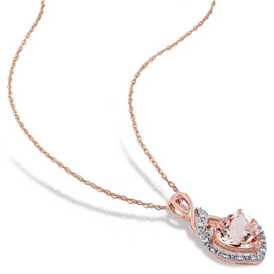 Original AMOUR Halo Diamond and Heart Shaped Morganite Pendant with Chain In 10K Rose Gold