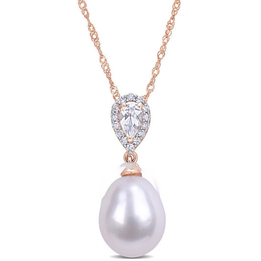 Original AMOUR 9-9.5 Mm Freshwater Cultured Pearl 1/4 CT TGW White Topaz and Diamond Accent Drop Pendant with Chain In 10K Rose Gold