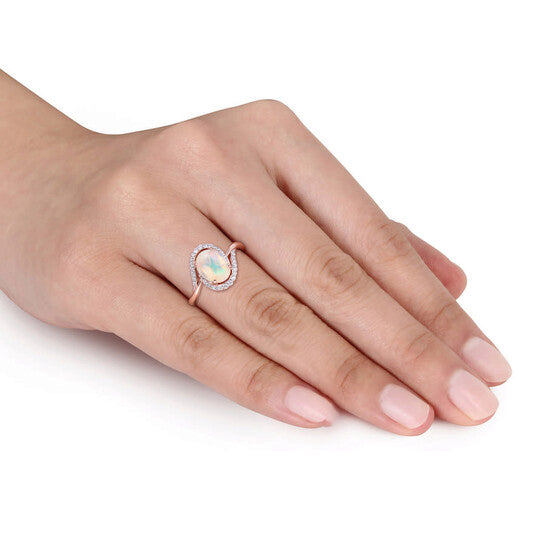 Original Amour 10K Rose Gold 1 CT TGW Ethiopian Blue Opal and 1/7 CT TDW Diamond Cocktail Ring