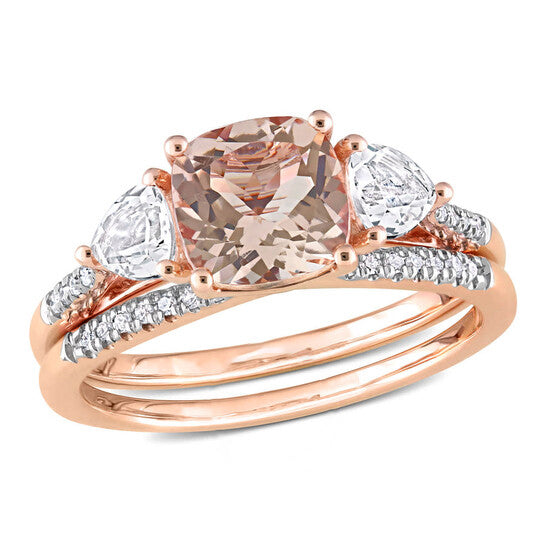 Original Amour 10k Rose Gold 2 1/5 CT Morganite WhiteTopaz &1/10 CT TDW Diamond Bridal Ring Set