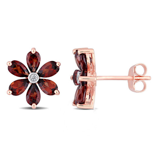 Original AMOUR 3 1/4 CT TGW Garnet and Diamond Accent Floral Stud Earrings In 10K Rose Gold