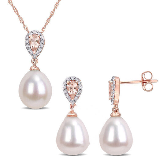 Original AMOUR 1/5 CT TW Diamond and 3/4 CT TGW Morganite with 9-9.5 Mm White Freshwater Cultured Pearl Drop Earrings and Pendant Set In 10K Rose Gold