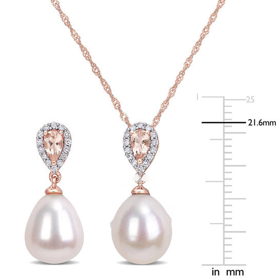 Original AMOUR 1/5 CT TW Diamond and 3/4 CT TGW Morganite with 9-9.5 Mm White Freshwater Cultured Pearl Drop Earrings and Pendant Set In 10K Rose Gold