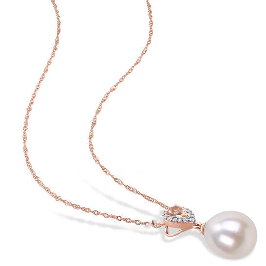 Original AMOUR 1/5 CT TW Diamond and 3/4 CT TGW Morganite with 9-9.5 Mm White Freshwater Cultured Pearl Drop Earrings and Pendant Set In 10K Rose Gold