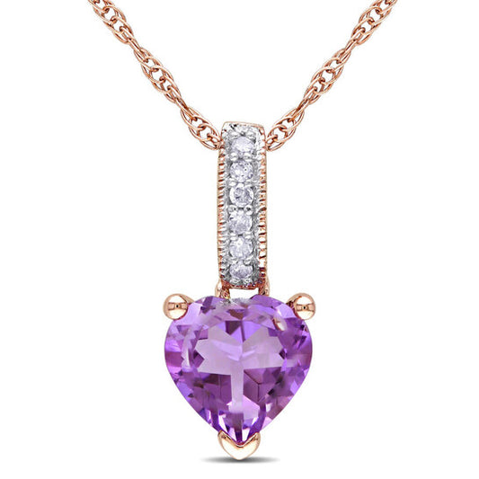 Original AMOUR Heart Shaped Amethyst Pendant and Chain with Diamonds In 10K Rose Gold