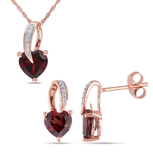 Original AMOUR 2-piece Set Of Heart Shaped Garnet and Diamond Earrings and Pendant with Chain In 10K Rose Gold