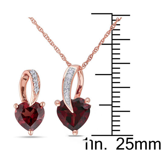 Original AMOUR 2-piece Set Of Heart Shaped Garnet and Diamond Earrings and Pendant with Chain In 10K Rose Gold