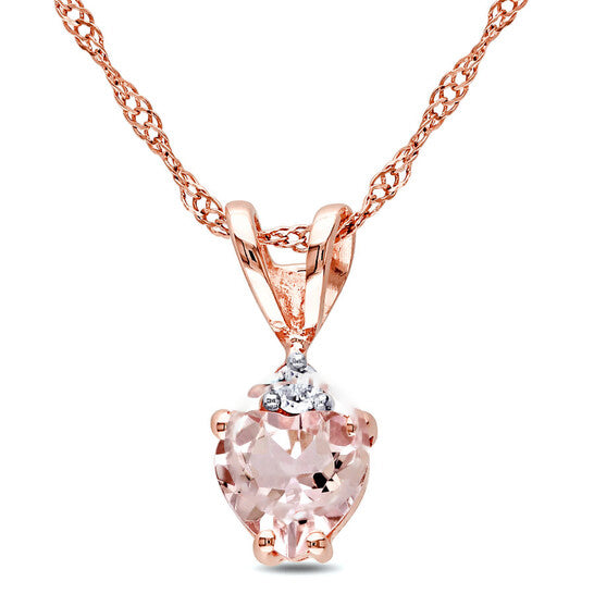 Original AMOUR Heart Shaped Morganite and Diamond Pendant with Chain In 10K Rose Gold