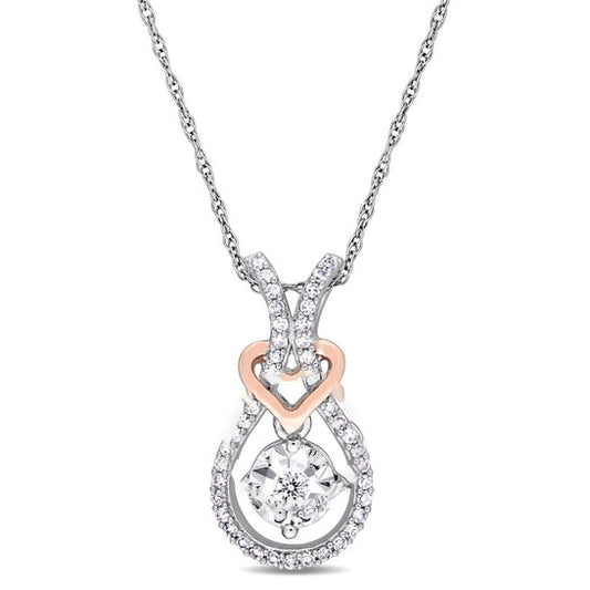 Original AMOUR 1/5 CT TW Diamond Teardrop and Heart Motif Pendant with Chain In 2-Tone 10K White and Rose Gold