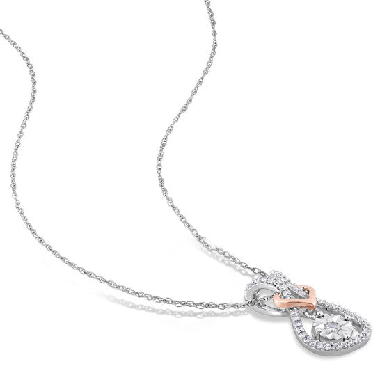 Original AMOUR 1/5 CT TW Diamond Teardrop and Heart Motif Pendant with Chain In 2-Tone 10K White and Rose Gold