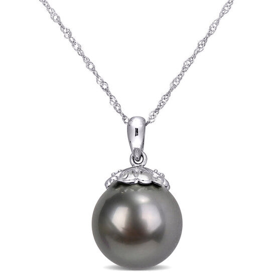 Original AMOUR 11-12 Mm Black Tahitian Cultured Pearl and Diamond Accent Drop Pendant with Chain In 10K White Gold